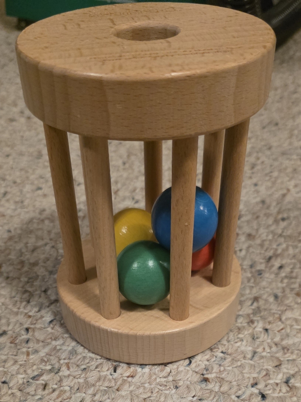 Wooden Baby Rattle Cage with Blue, Green, Yellow, Red Balls